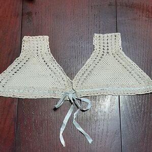 Antique Hand Made Ecru Crocheted Lace Bodice Topper For Dress Embossed Ribbon